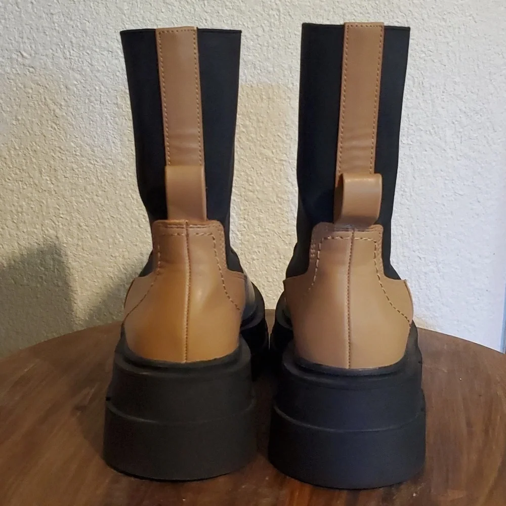 Mango|Womens Tan Platform Track Sole Contrast Panels Ankle Boot Neutral Sz.EU 40